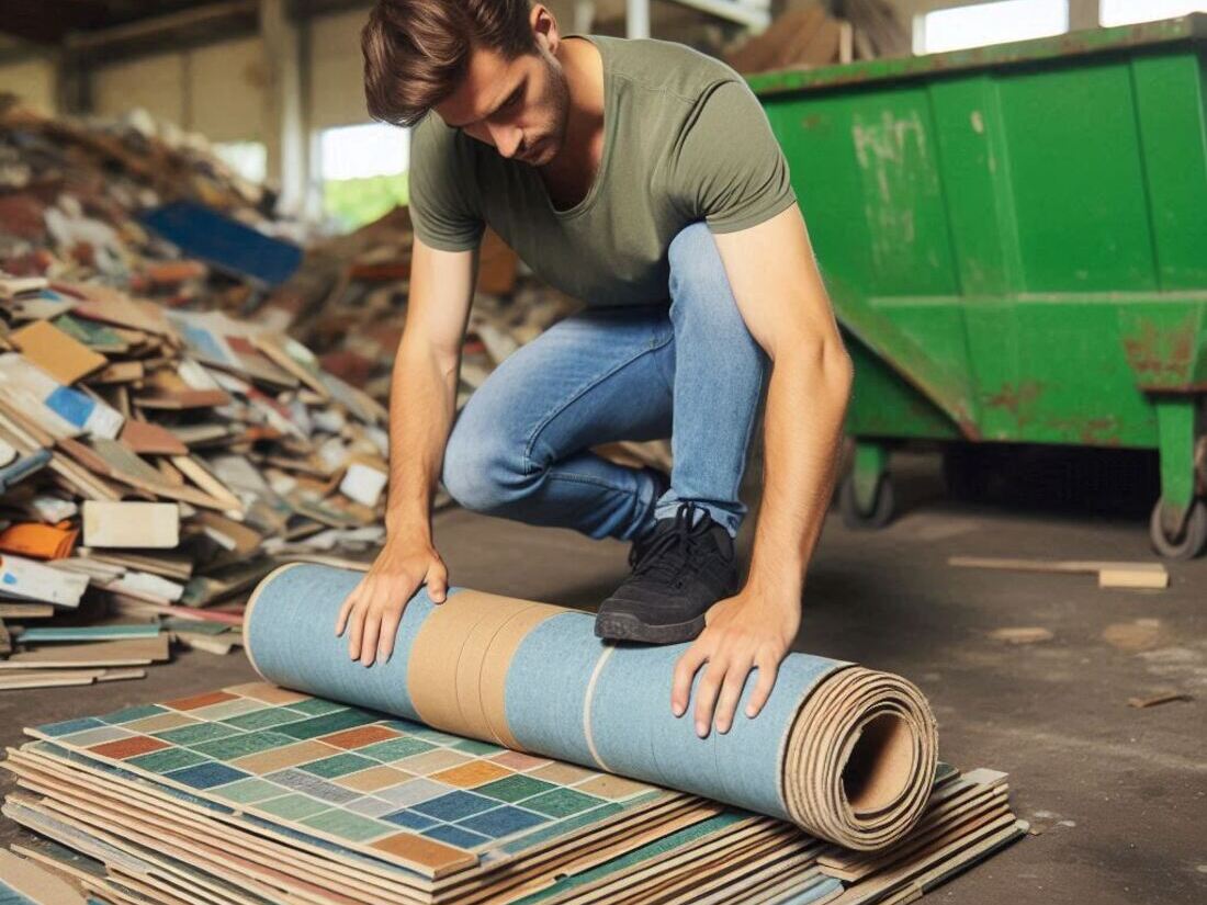 A person carefully removing and rolling up old gym floor tiles for eco-friendly disposal at a recycling center