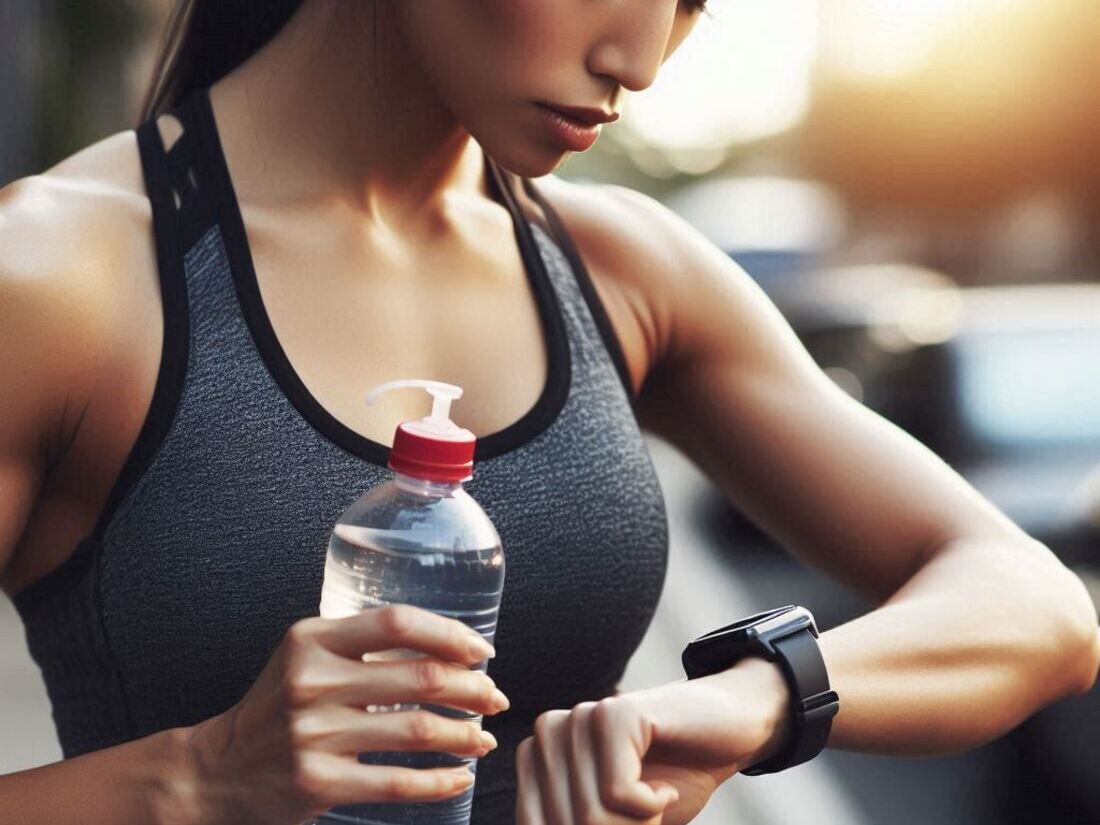 A person checking her watch while holding a water bottle highlighting the importance of timing pre-workout meals and hydration