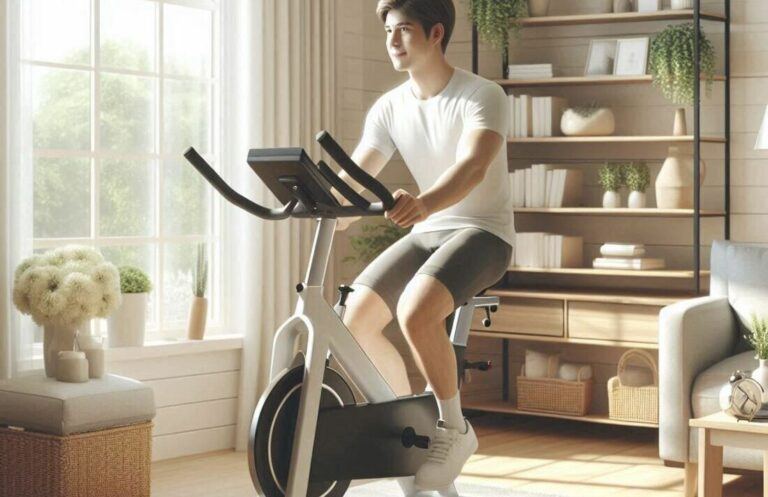 A person comfortably working out on a stationary bike in a peaceful home setting