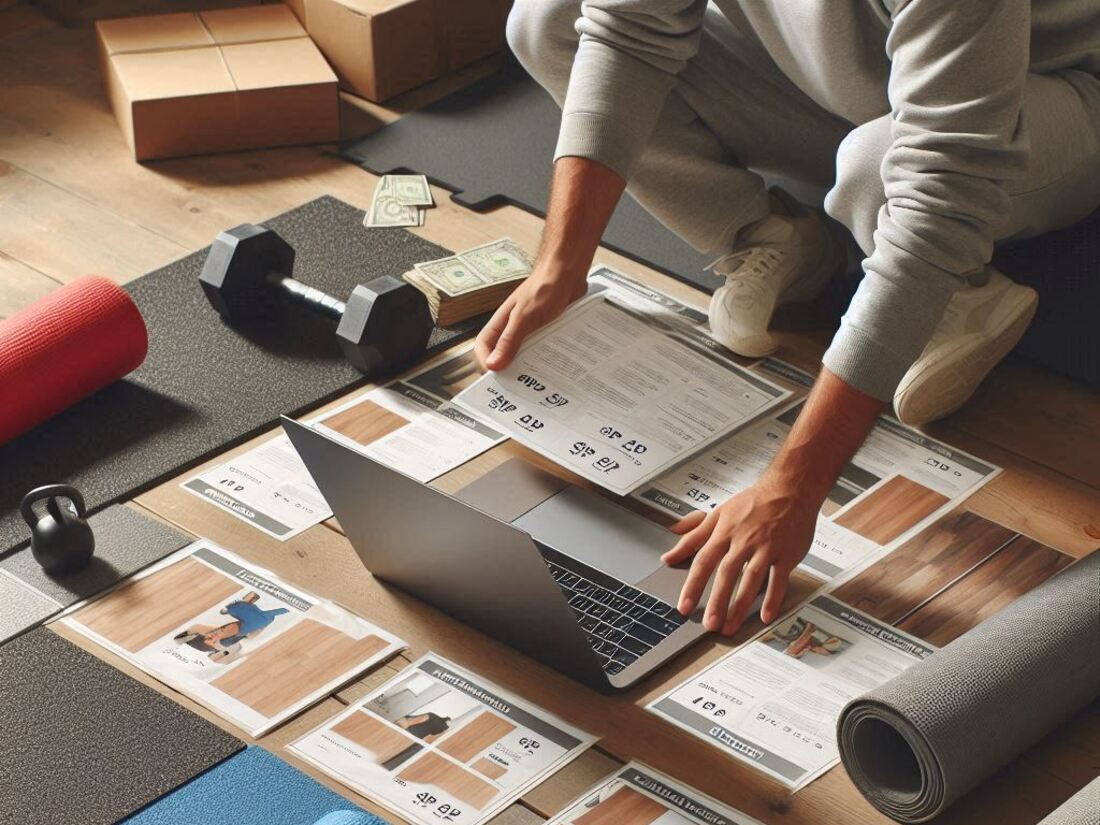 A person comparing prices on a laptop while looking at different types of affordable gym flooring on a table