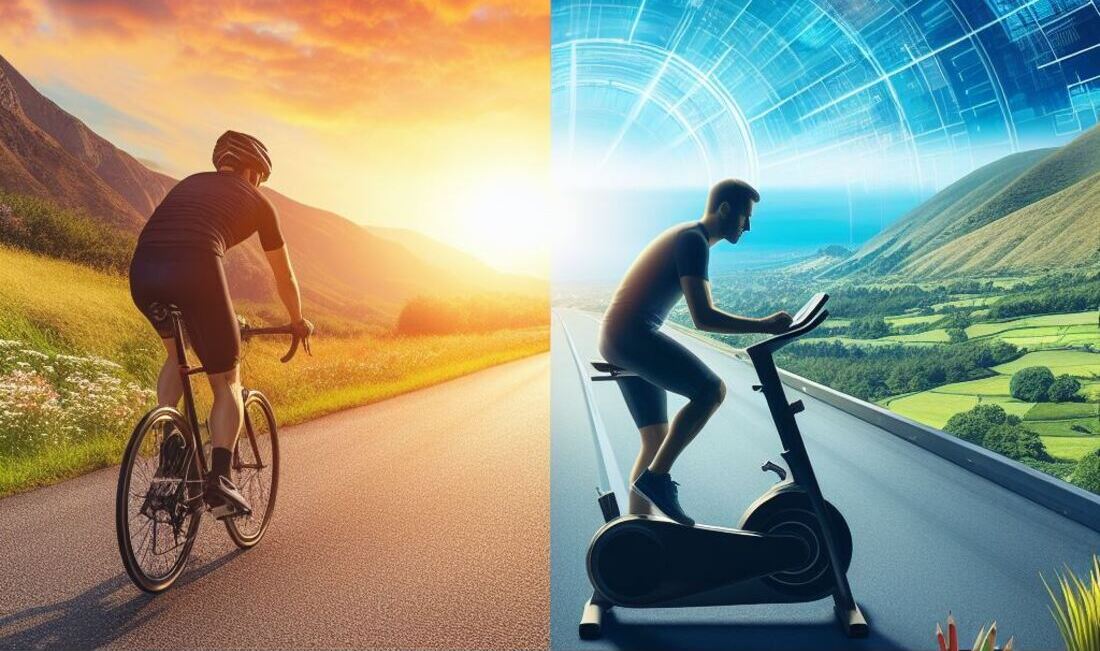 A person cycling outdoors on a scenic route, with a person riding a stationary bike in a home gym