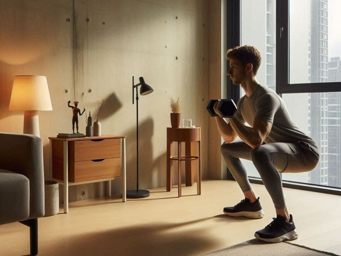 A person doing dumbbell squats in a well-lit corner of a studio apartment