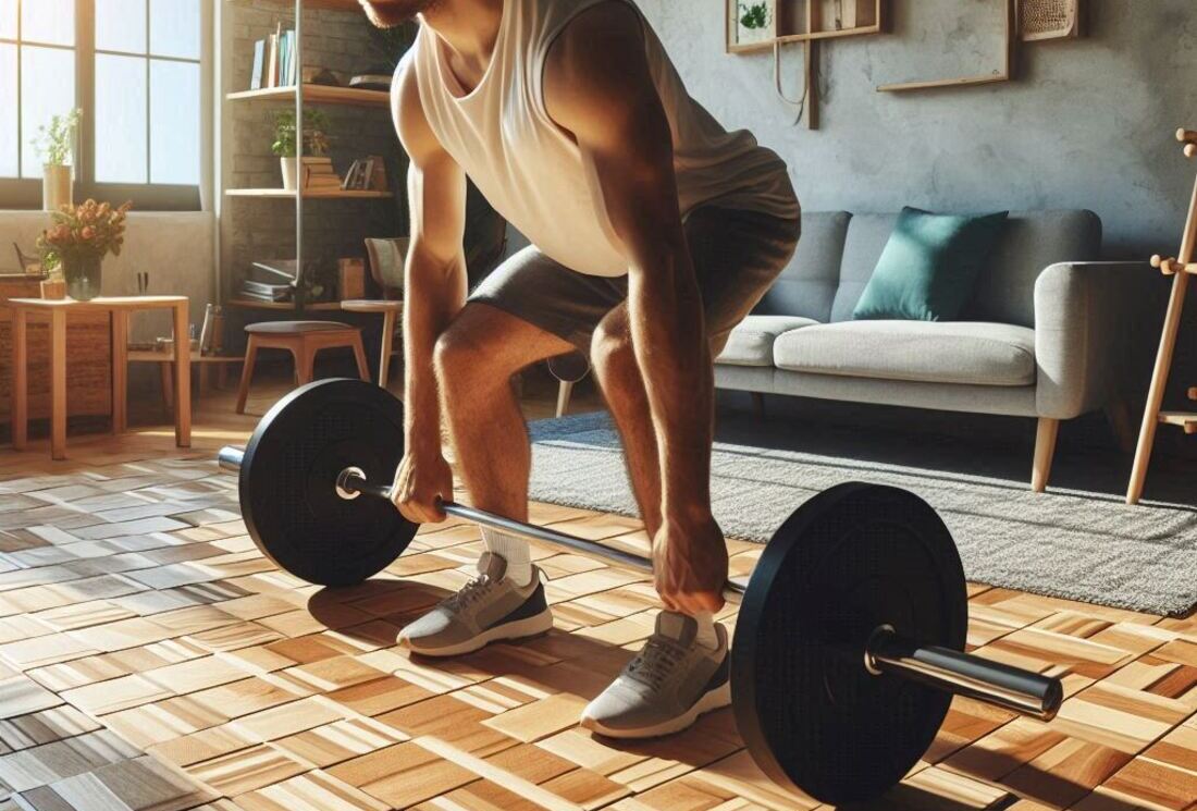 A person doing light weightlifting exercises on interlocking wood tiles