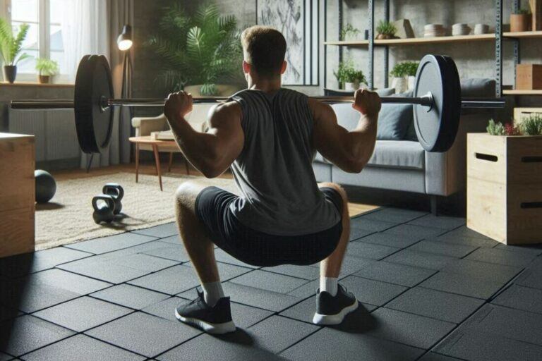 A person doing squats with weights on interlocking rubber floor mats