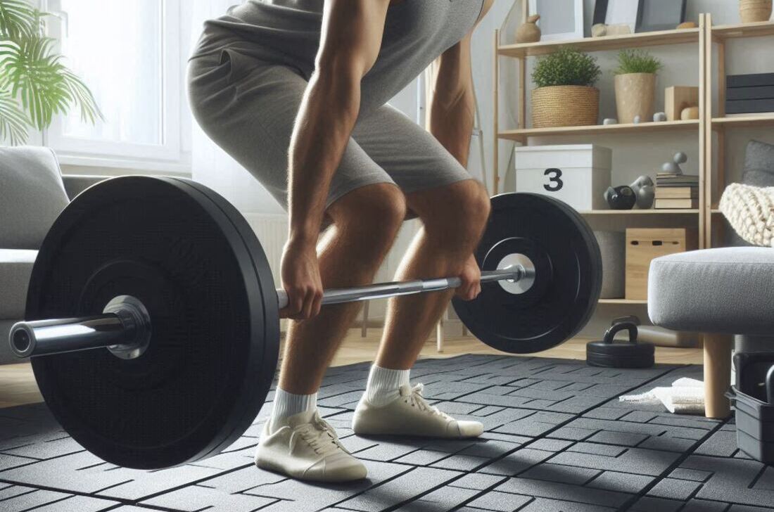 A person doing weightlifting exercises on recycled rubber floor tiles