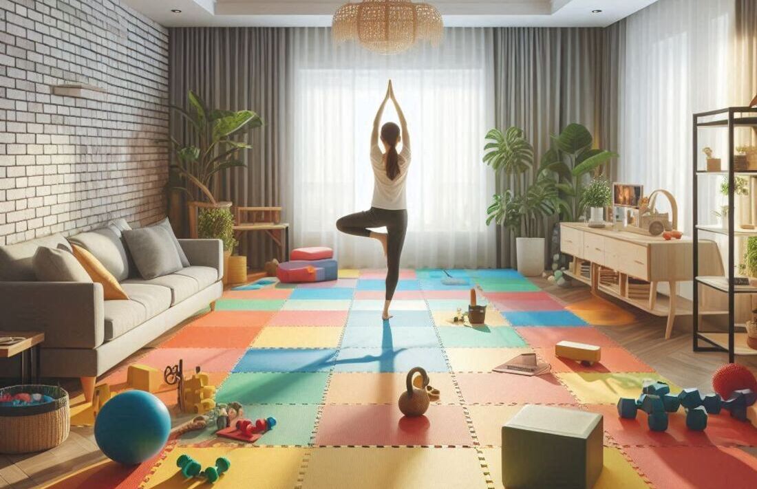 A person doing yoga poses on colorful EVA foam floor tiles