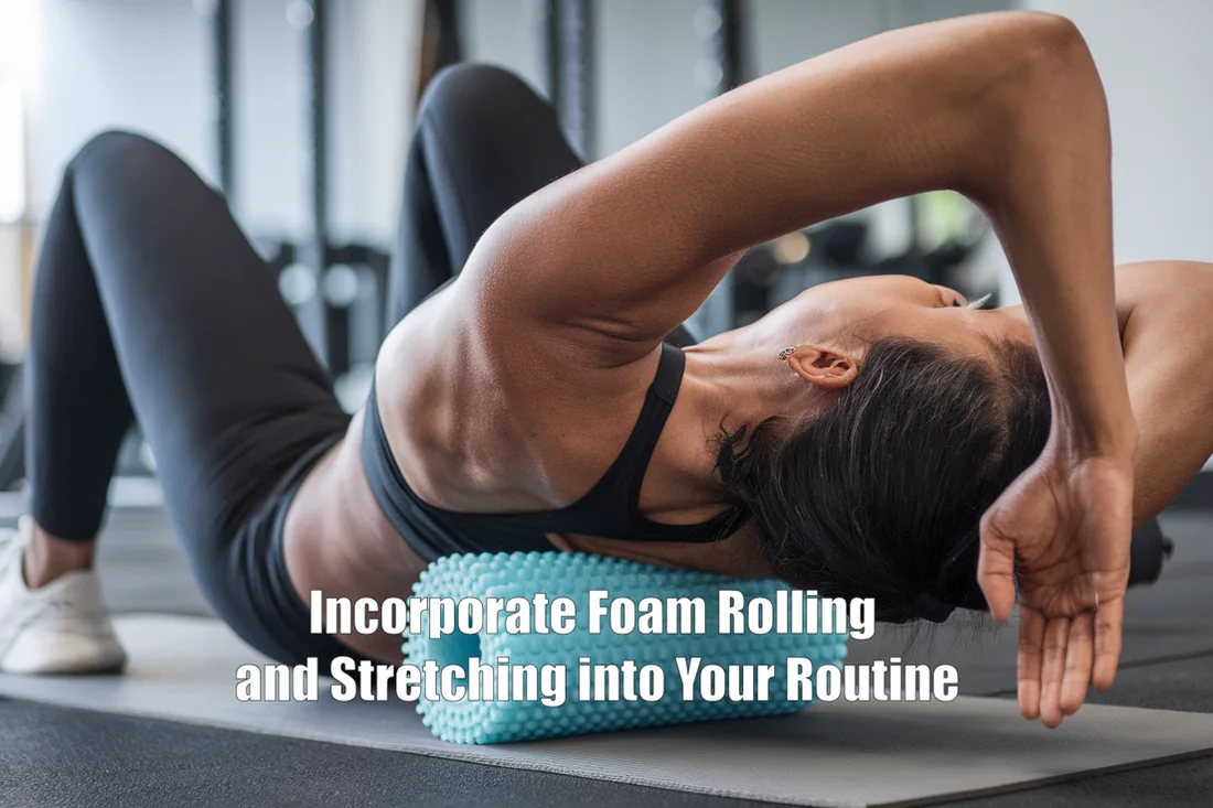 A person engaging in foam rolling and stretching