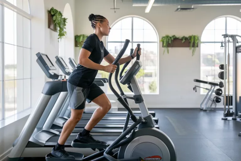 A person exercising on an elliptical machine with a fit and toned body