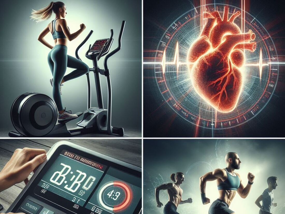 A person exercising on an elliptical, with an elevated heart rate monitor, improved endurance, and a timer counting down a short Tabata interval