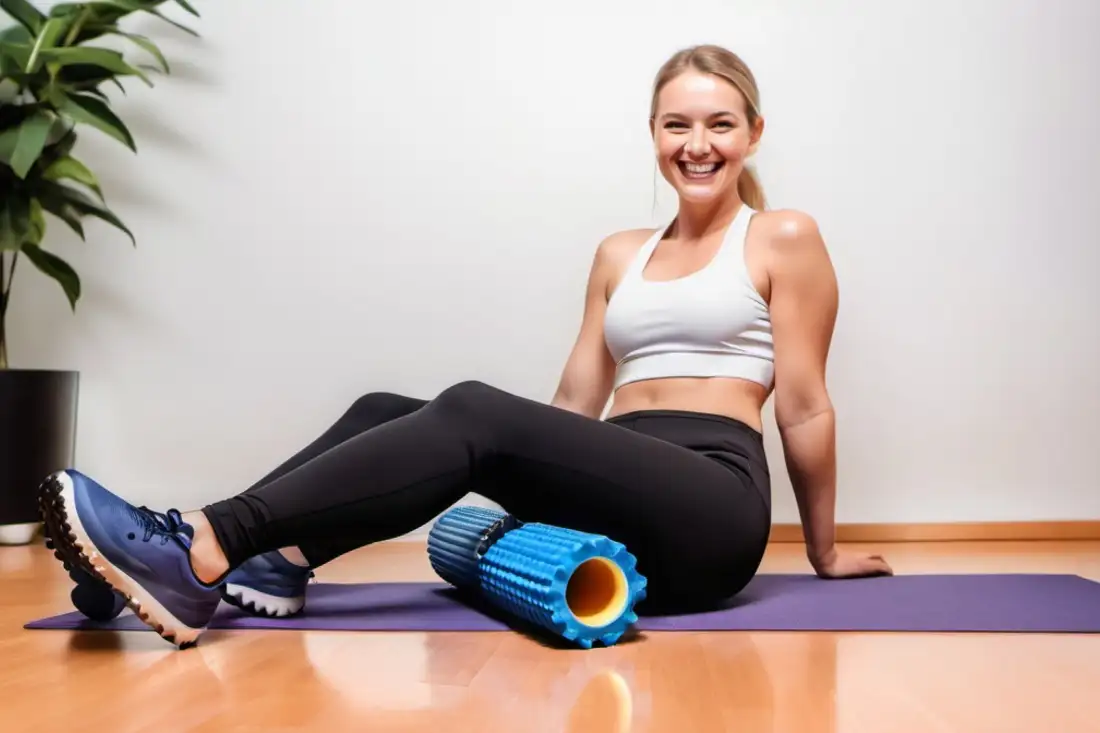 A person foam rolling their muscles, with a relaxed and calm expression