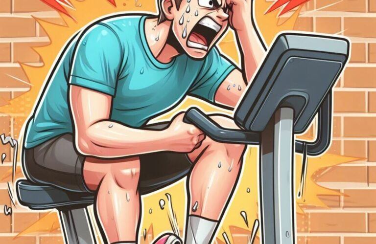 A person grimacing in frustration as their exercise bike lets out a loud creak