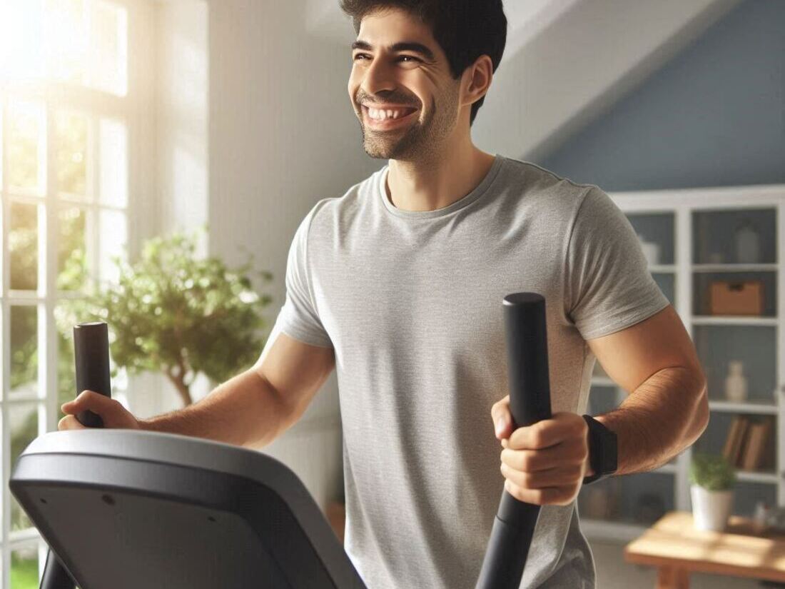 A person happily using an elliptical trainer in a bright and airy home gym