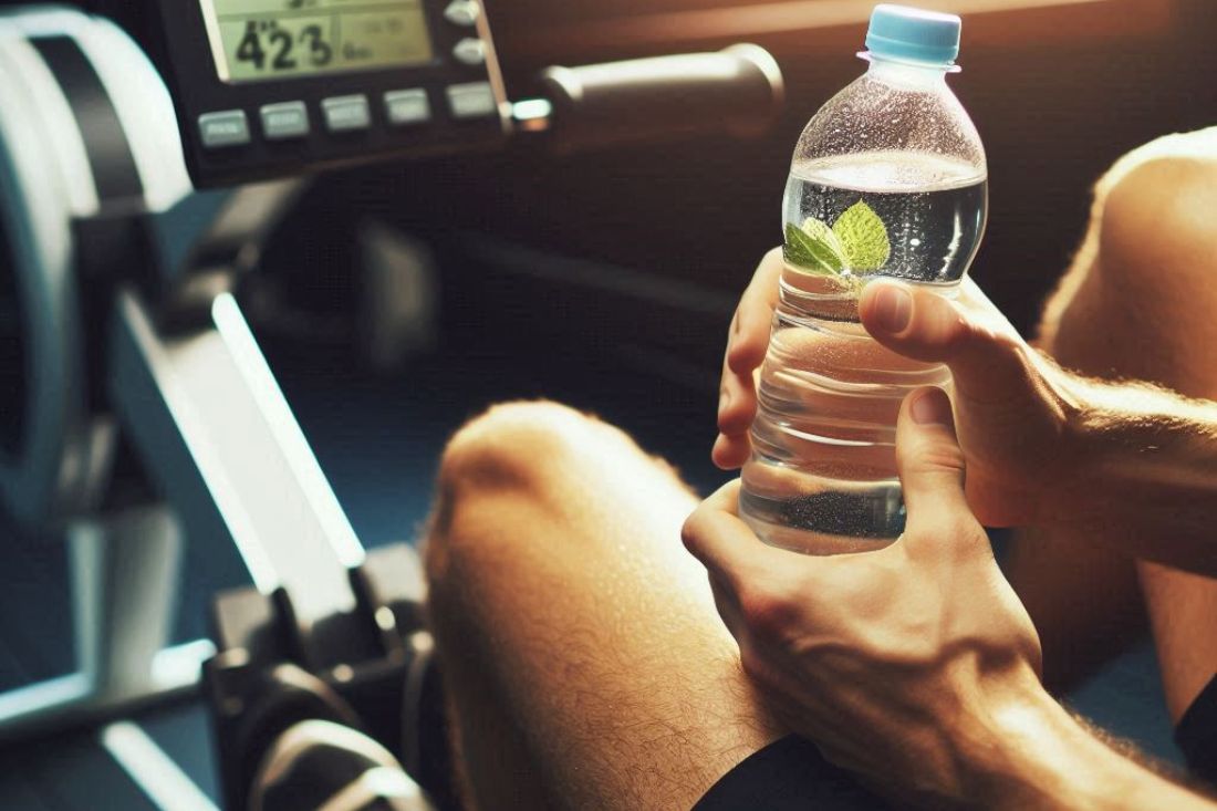 A person holding a water bottle while rowing machine