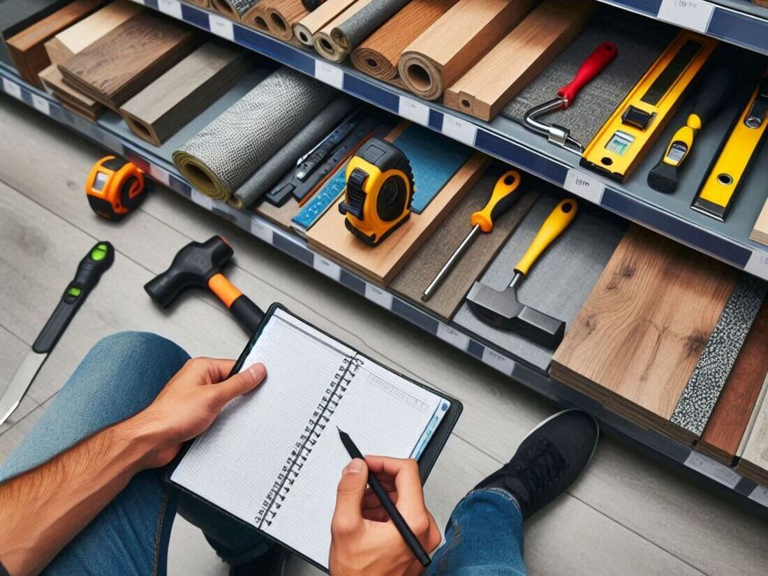 A person in a hardware store browsing a selection of tools for flooring installation, including a utility knife, tape measure, straight edge, and rubber mallet