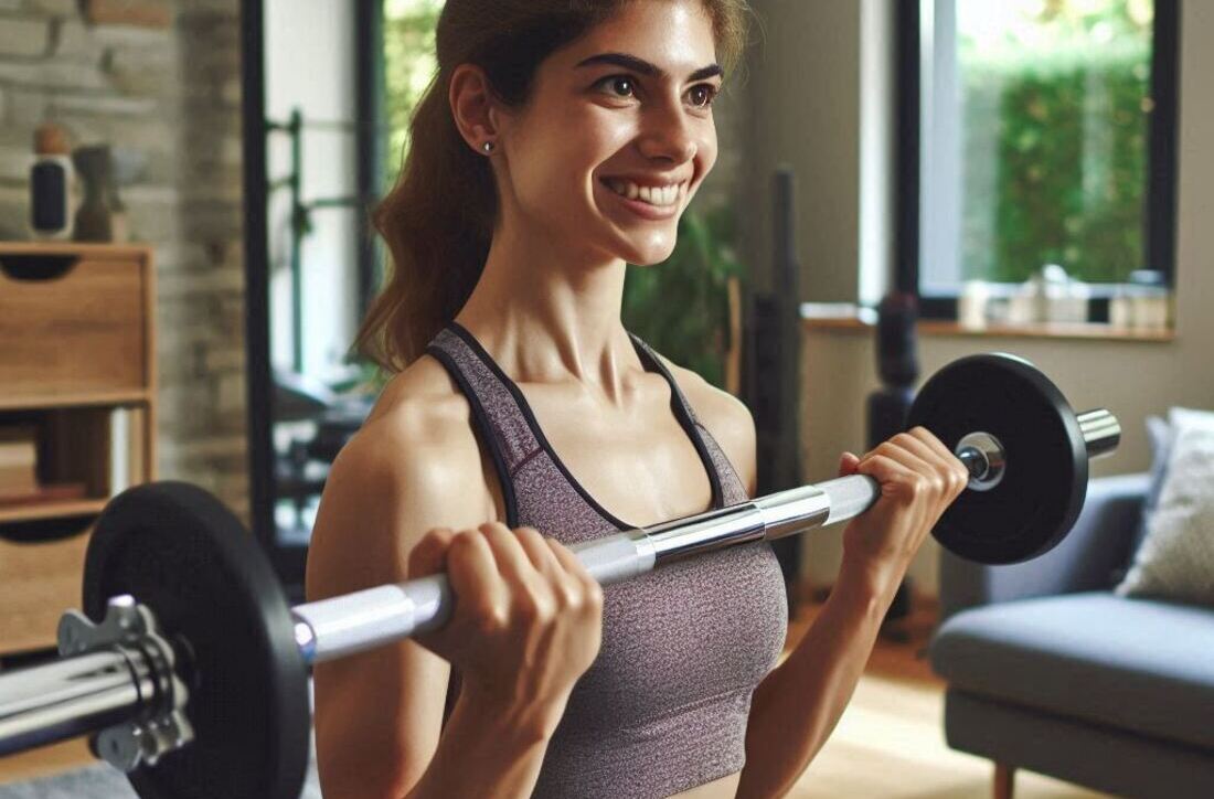 A person in a home gym environment using free weights