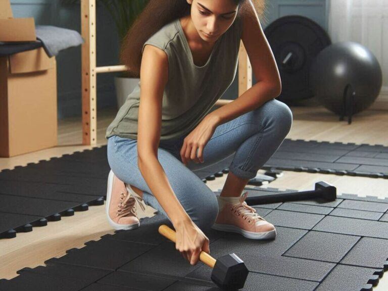 A person in a home gym space carefully installing interlocking rubber gym floor tiles using a rubber mallet to tap the tiles together securely