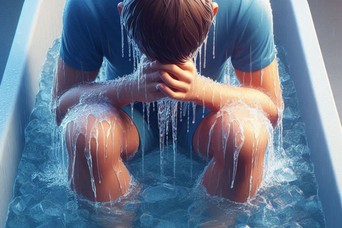 A person is either seated or standing in a tub of ice-cold water