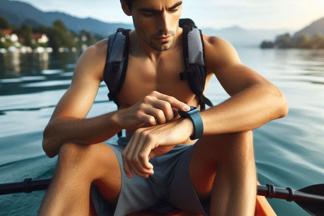 A person kayaking on a lake, looking at their waterproof fitness tracker for distance and pace data