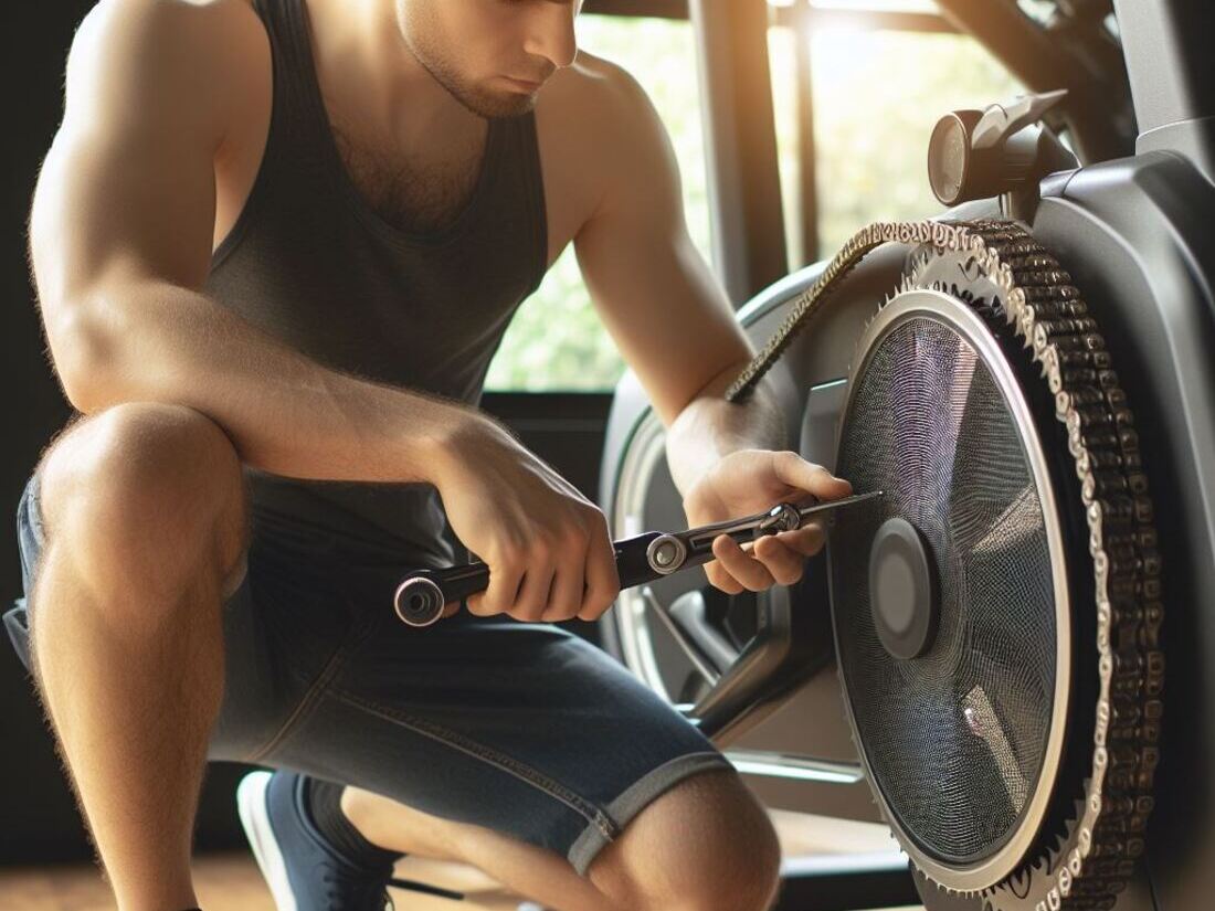 A person kneeling beside an exercise bike, inspecting the chain or belt tension with a tool