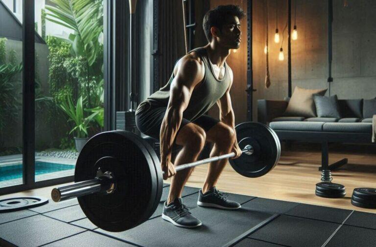 A person lifting weights on a rubber gym floor