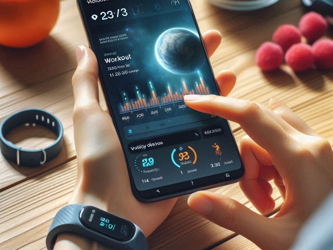 A person looking at a smartphone app displaying workout data from their activity tracker