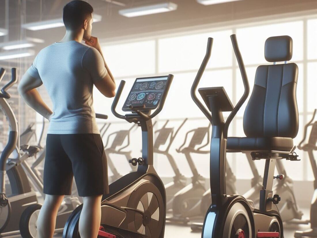 A person looking confused while comparing a traditional upright exercise bike to a recumbent bike