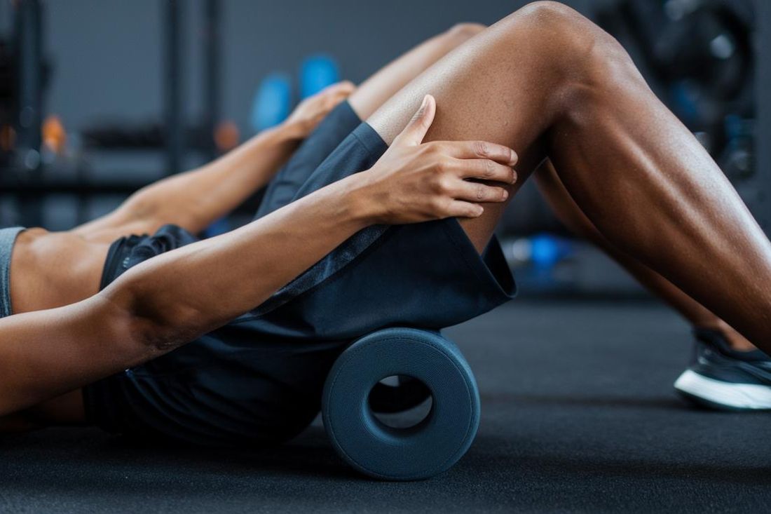 A person lying on their back with a foam roller under their legs