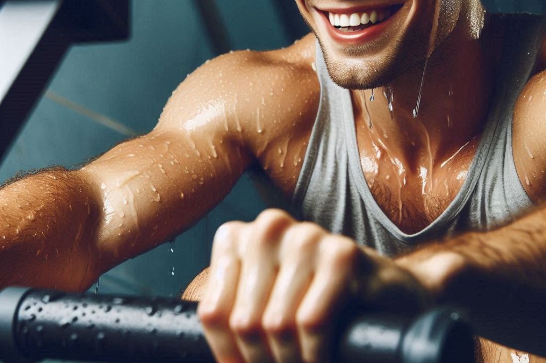 A person maintaining a rowing machine in a gym or home gym setting