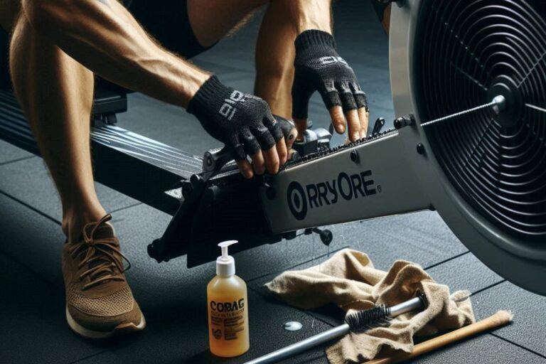 A person maintaining a rowing machine in a gym or home gym setting