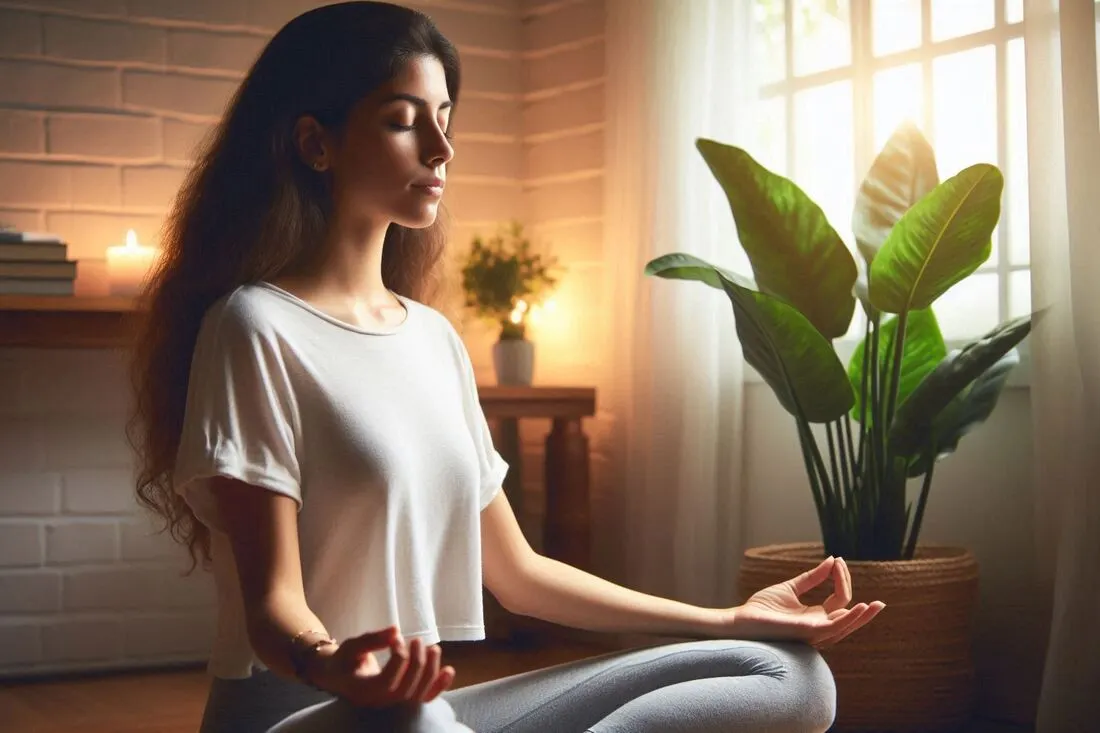 A person meditating peacefully in a quiet room with soft lighting and a houseplant in the background, evoking a sense of calm and tranquility