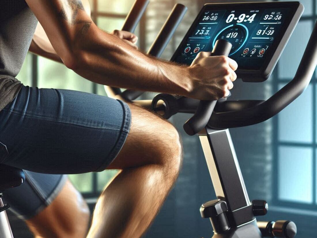 A person pedaling on an exercise bike at a moderate pace, with a display screen showcasing workout time and resistance level