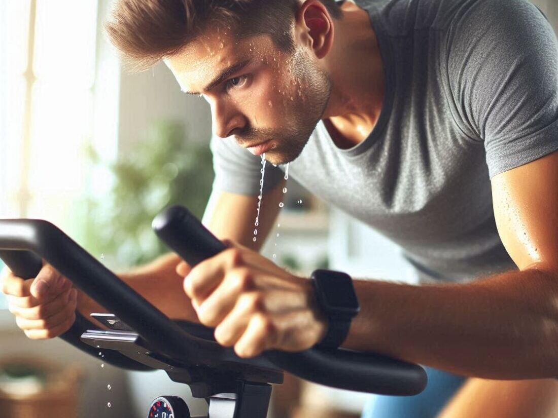 A person pedaling on an exercise bike at a moderate to high pace, with sweat visible on his face