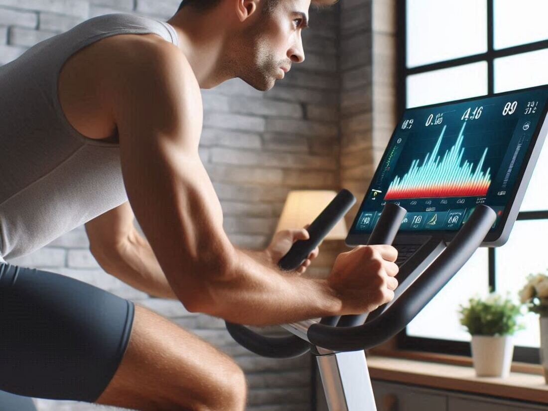 A person pedaling on an exercise bike with a determined expression, facing a high resistance level on the display screen