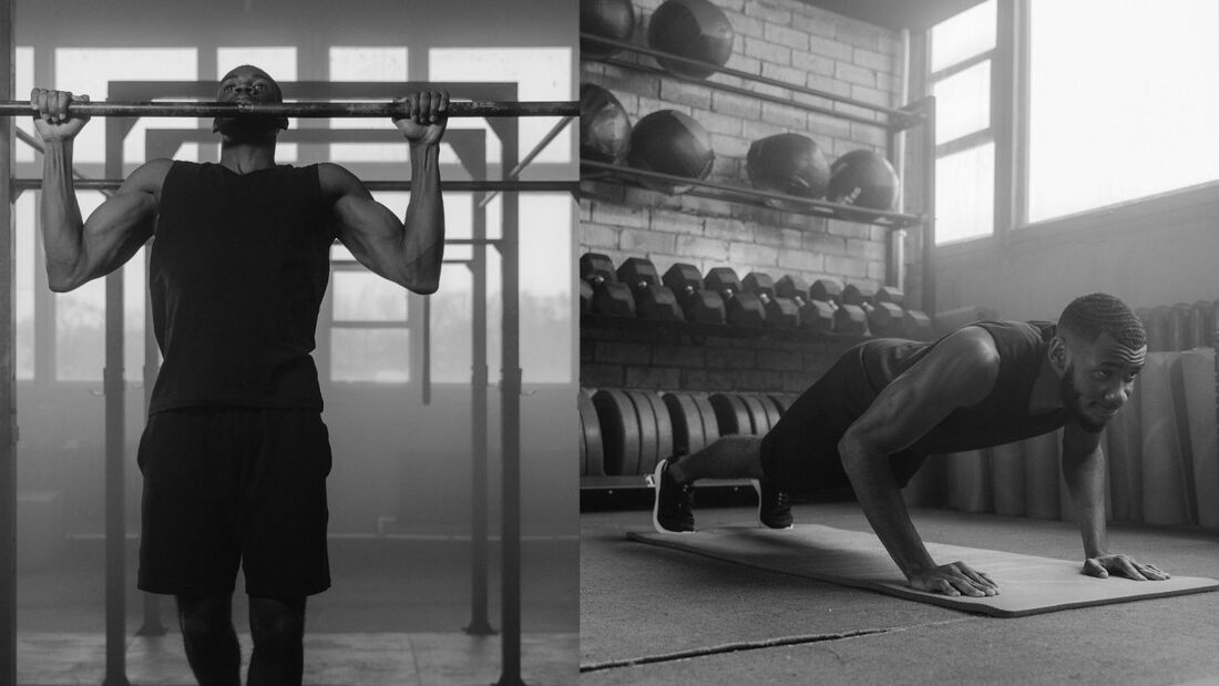 A person performing a circuit workout routine that includes pull-ups and other exercises