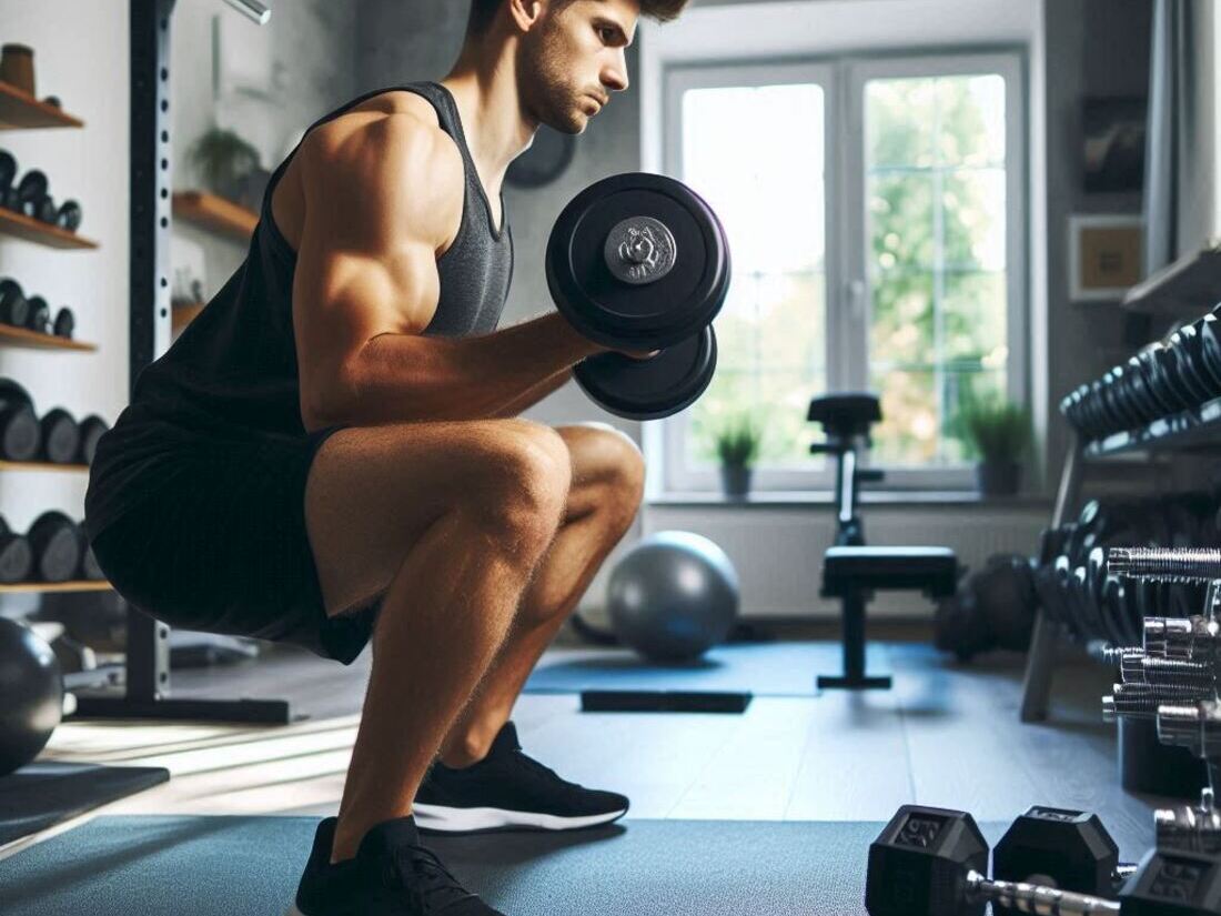 A person performing a dumbbell exercise squat in a well-equipped home gym with dumbbells