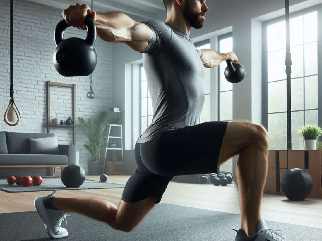 A person performing a kettlebell complex exercise with lunges