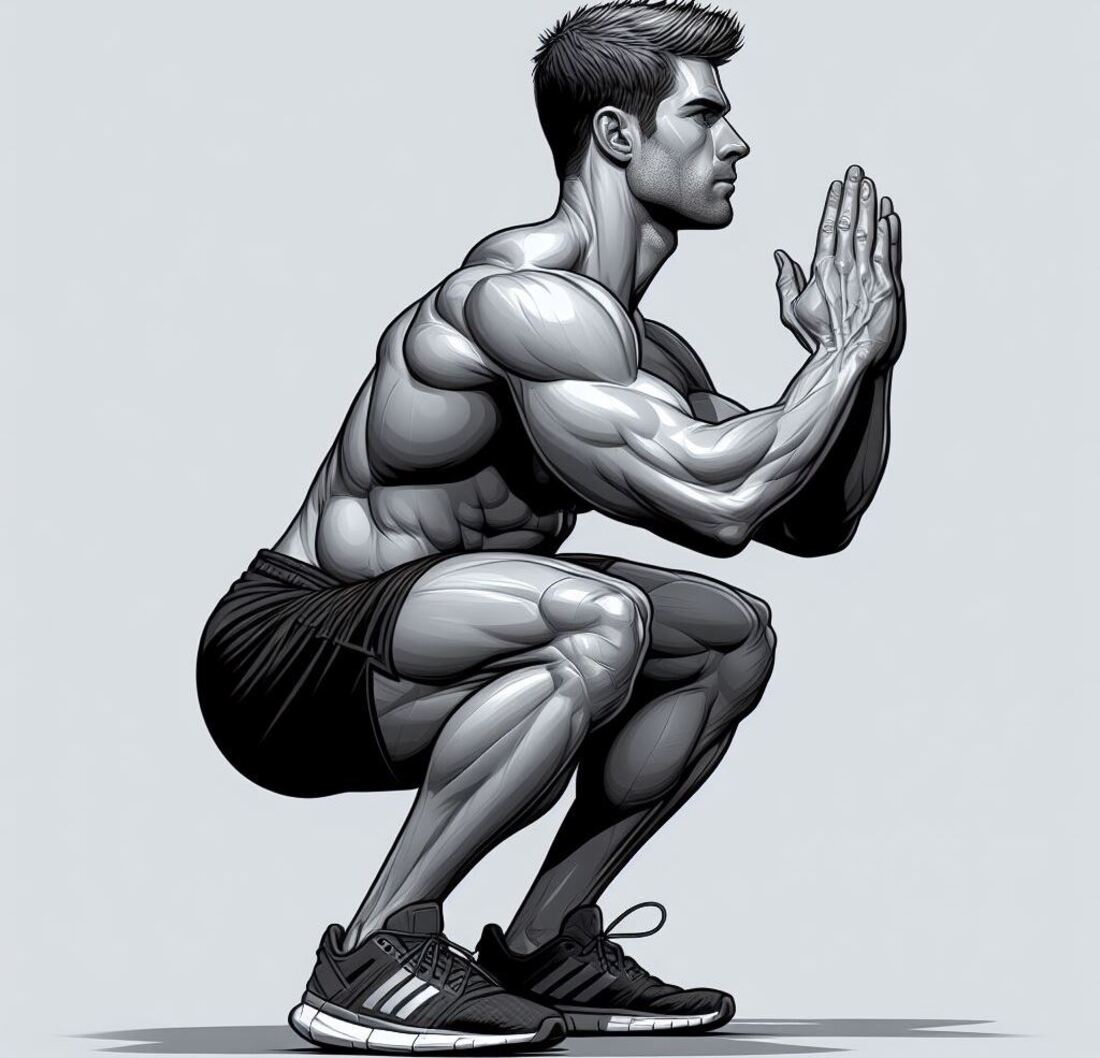 A person performing a proper bodyweight squat with their back straight