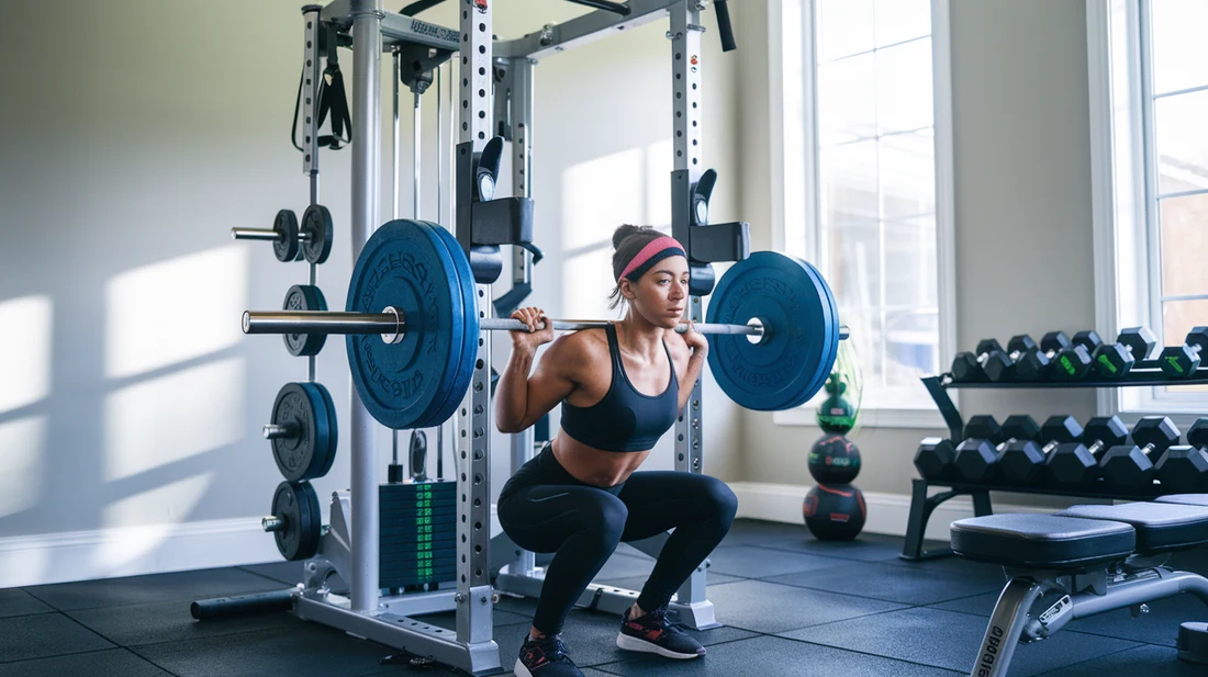 A person performing squats on the Marcy Diamond Elite Smith System alike in a well-lit home gym setting, showcasing the machine's compact design and features