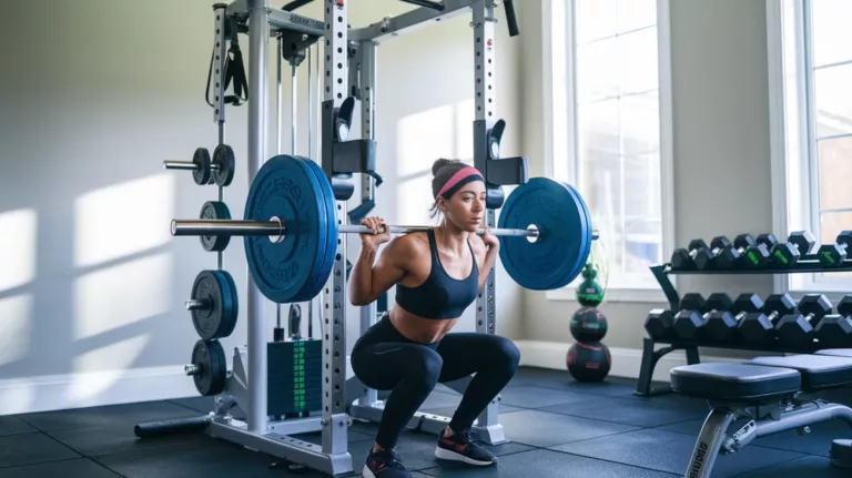 Person performing squats with a professional squat rack in a home gym