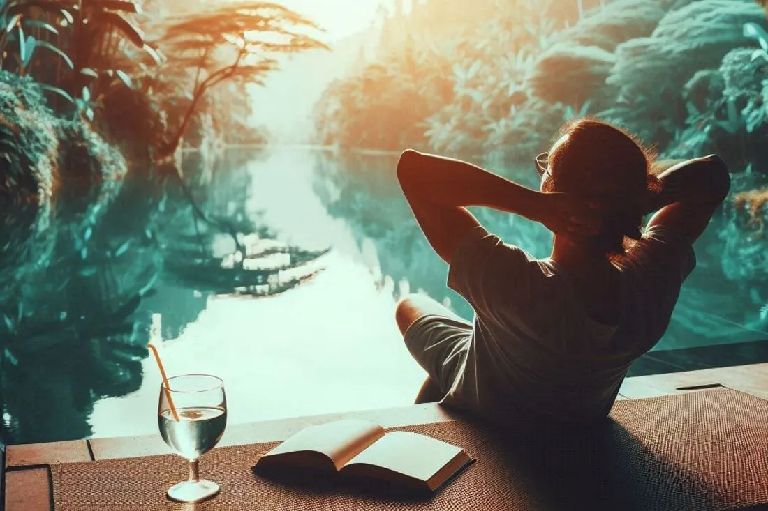 A person relaxing in a peaceful setting with a glass of water a sense of calm, tranquility, and rejuvenation