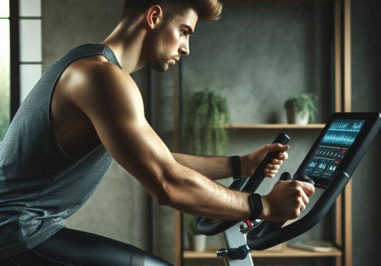 A person riding a upright exercise bike in a home gym, with a heart rate monitor visible on the console