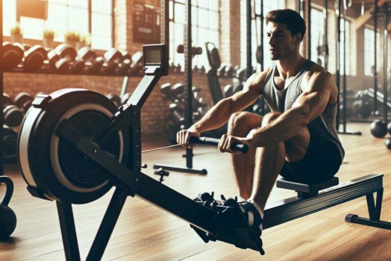 A person rowing a machine in a gym or home gym setting, surrounded by other fitness equipment