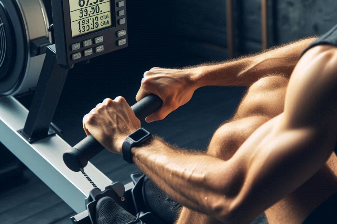 A person rowing with a calorie counter displayed on the machine