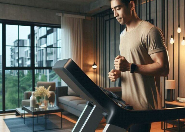 A person running on a treadmill in a well-lit home gym with modern equipment