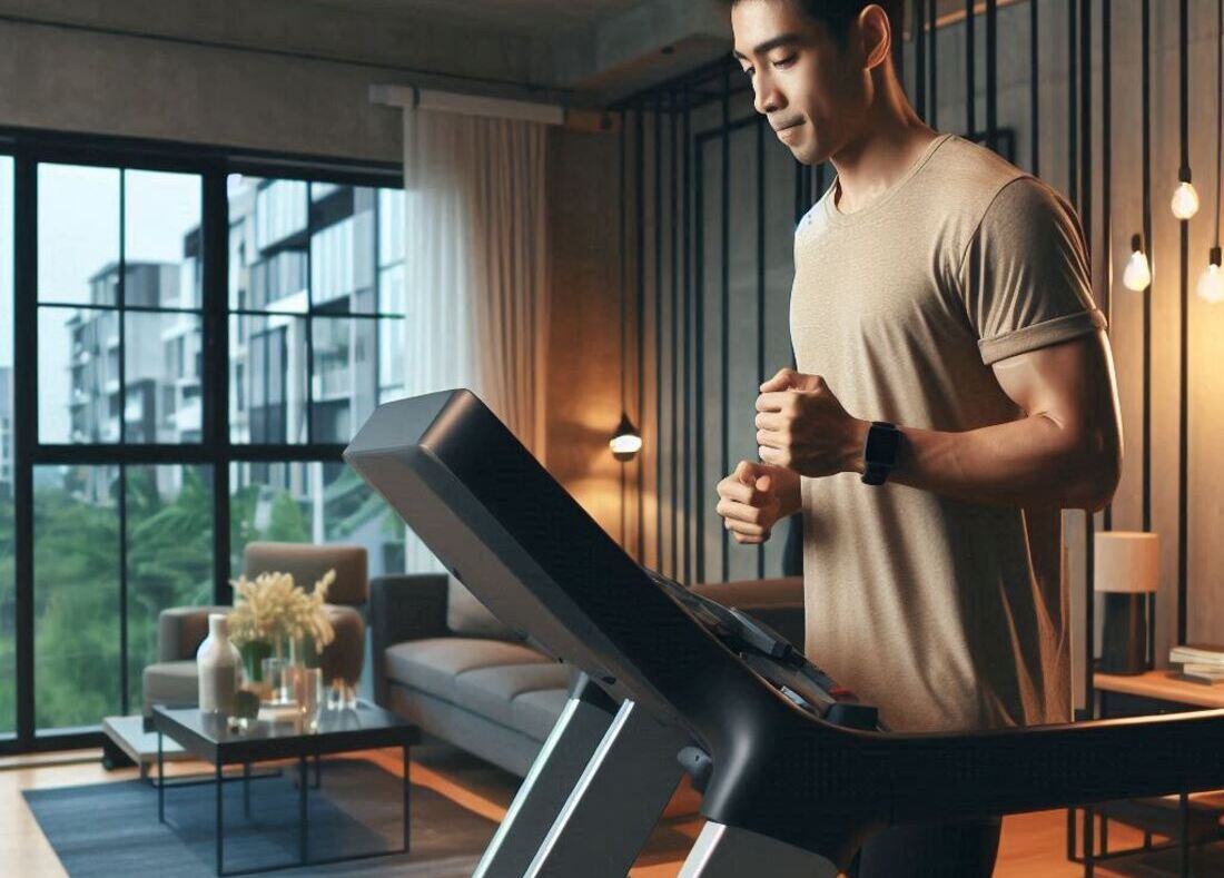 A person running on a treadmill in a well-lit home gym with modern equipment