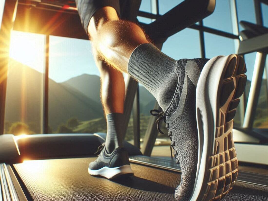 A person running on a treadmill with the incline setting adjusted