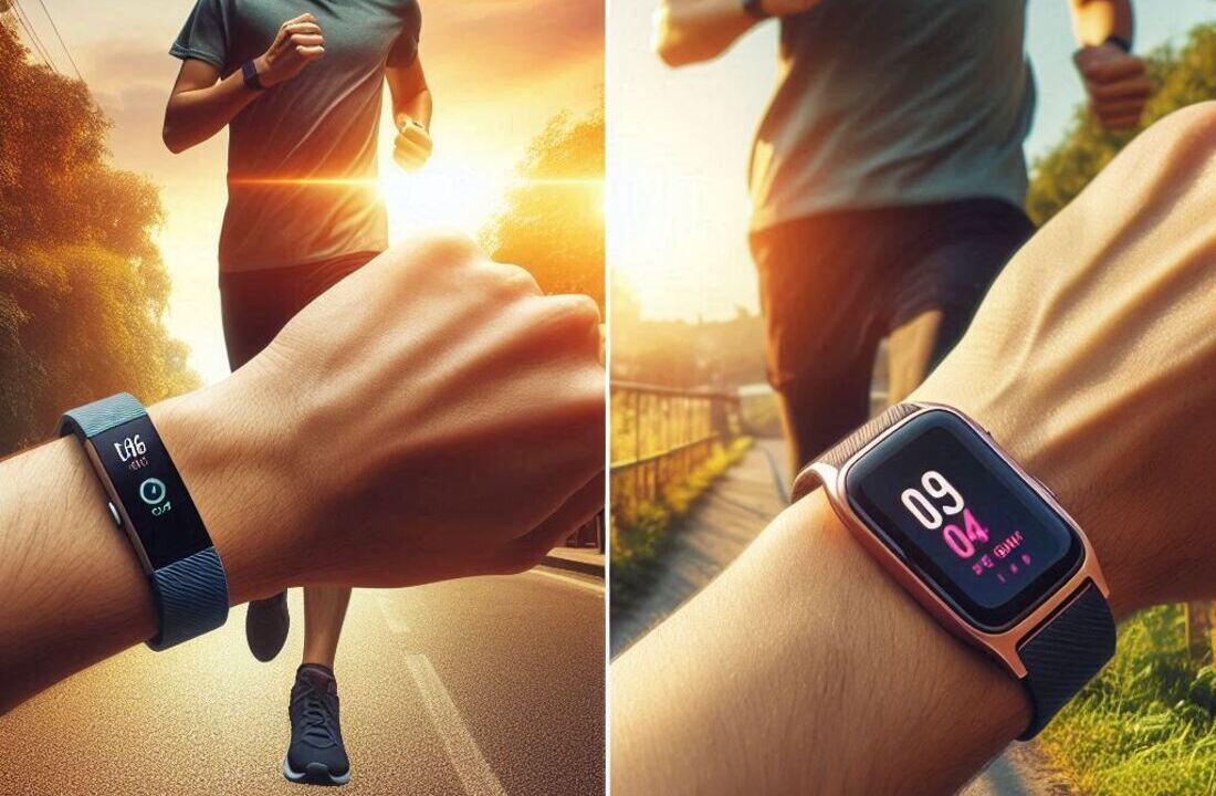 A person running outdoors while wearing two different activity trackers on each wrist