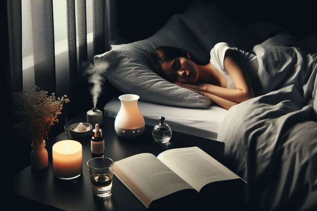 A person sleeping soundly in a dark, comfortable bedroom that promote good sleep hygiene, like blackout curtains, a relaxing book and a diffuser with essential oils