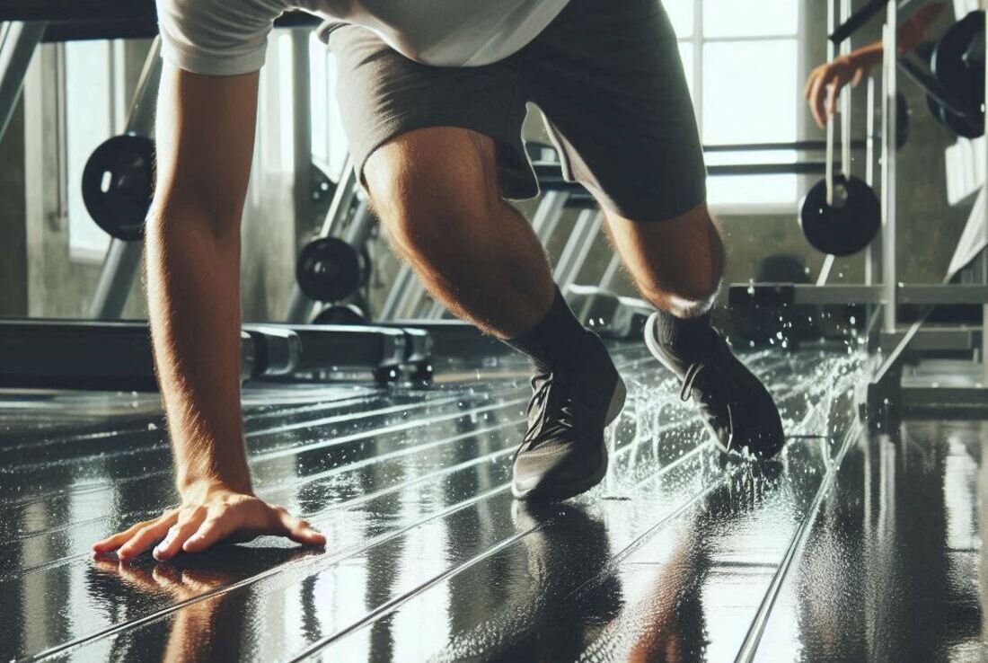 A person slipping on a wet gym floor