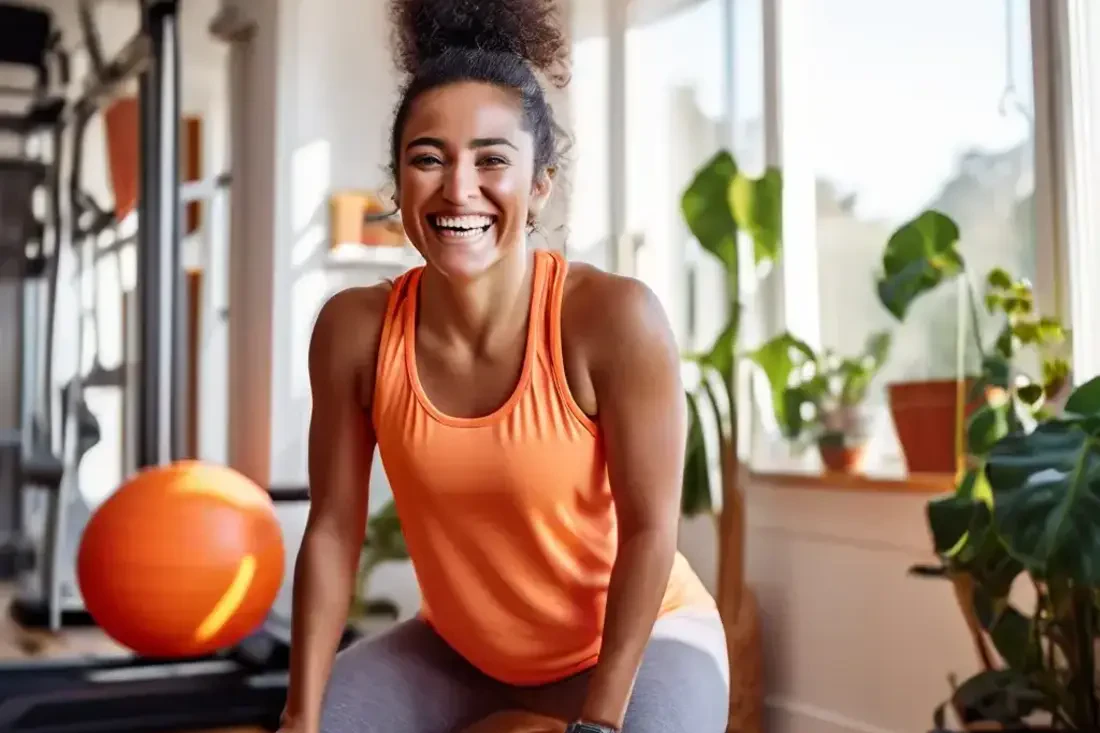 A person smiling and looking energized while working out their legs in a bright and inviting home gym space